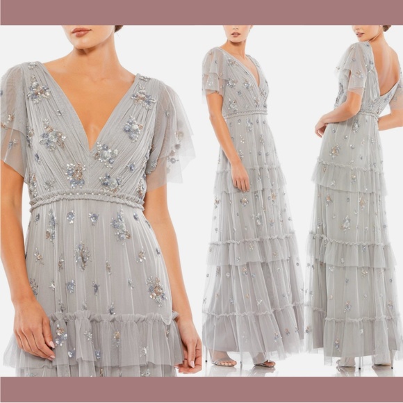 NWT $598 Mac Duggal [ 6 ] Ruffle Tiered Embellished Flutter Sleeve Gown‎ Grey - Picture 1 of 15
